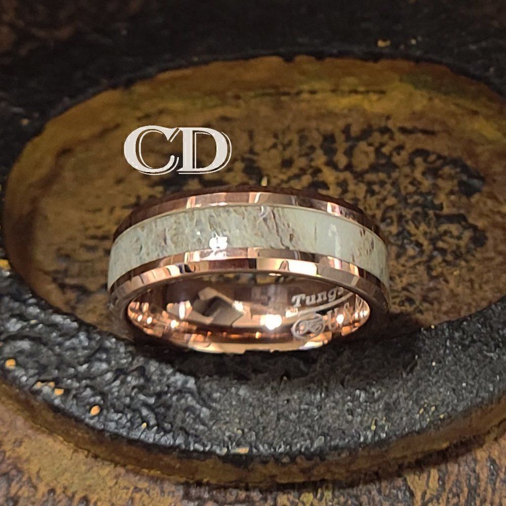 Engraved Men's Real Rose Gold Tungsten Wedding Ring - Deer Antler Inlay 14K RG - Picture 7 of 7